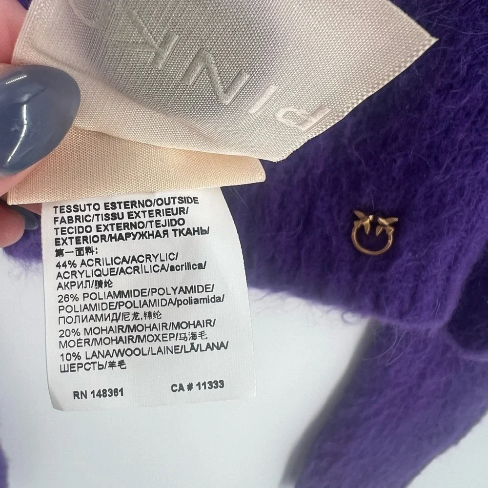 Pinko Mohair Wool Blend Purple Button Up Cropped Logo Plaque Soft Cardigan